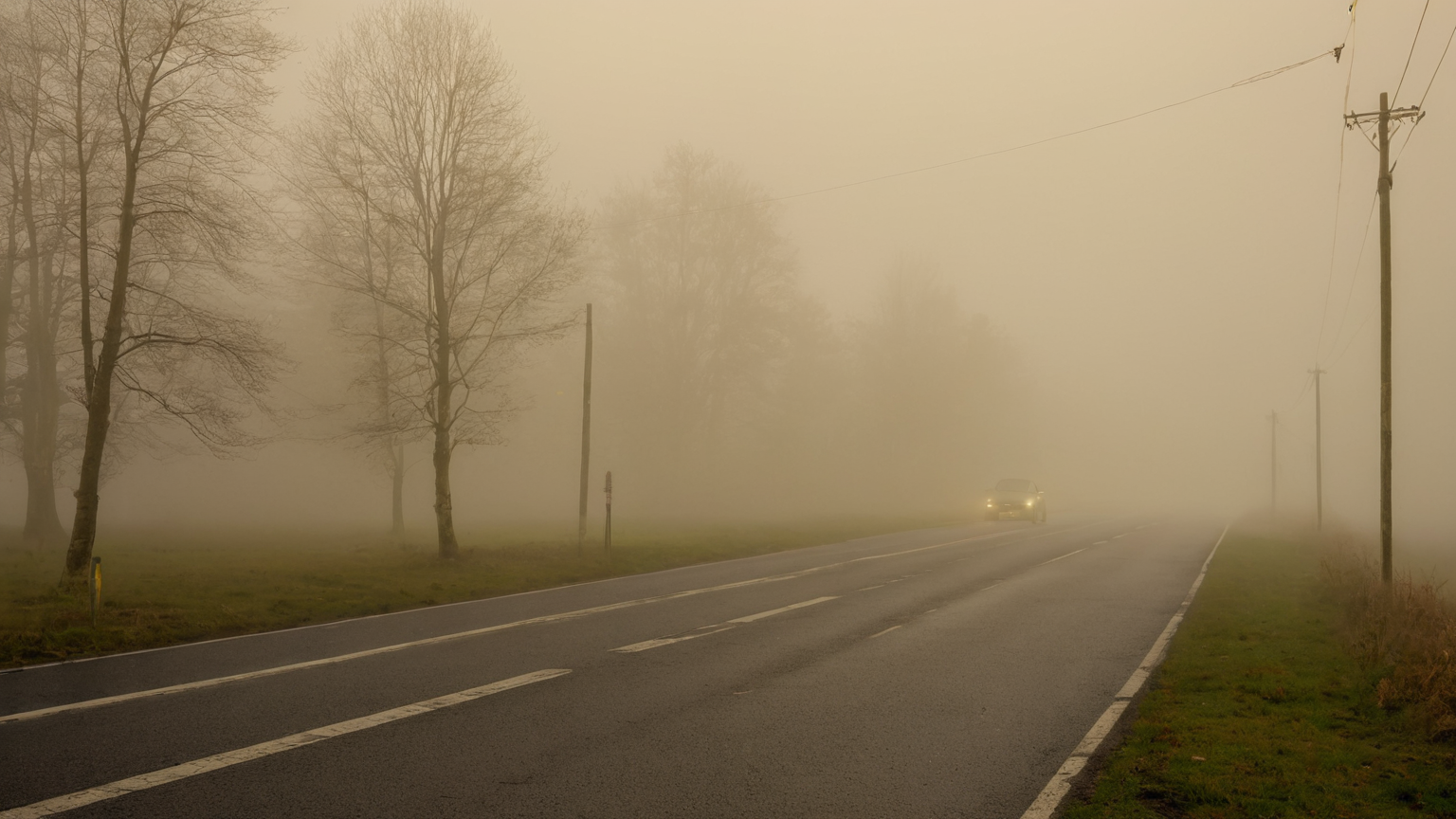 A foggy road bordered by trees with distant low-beam headlights