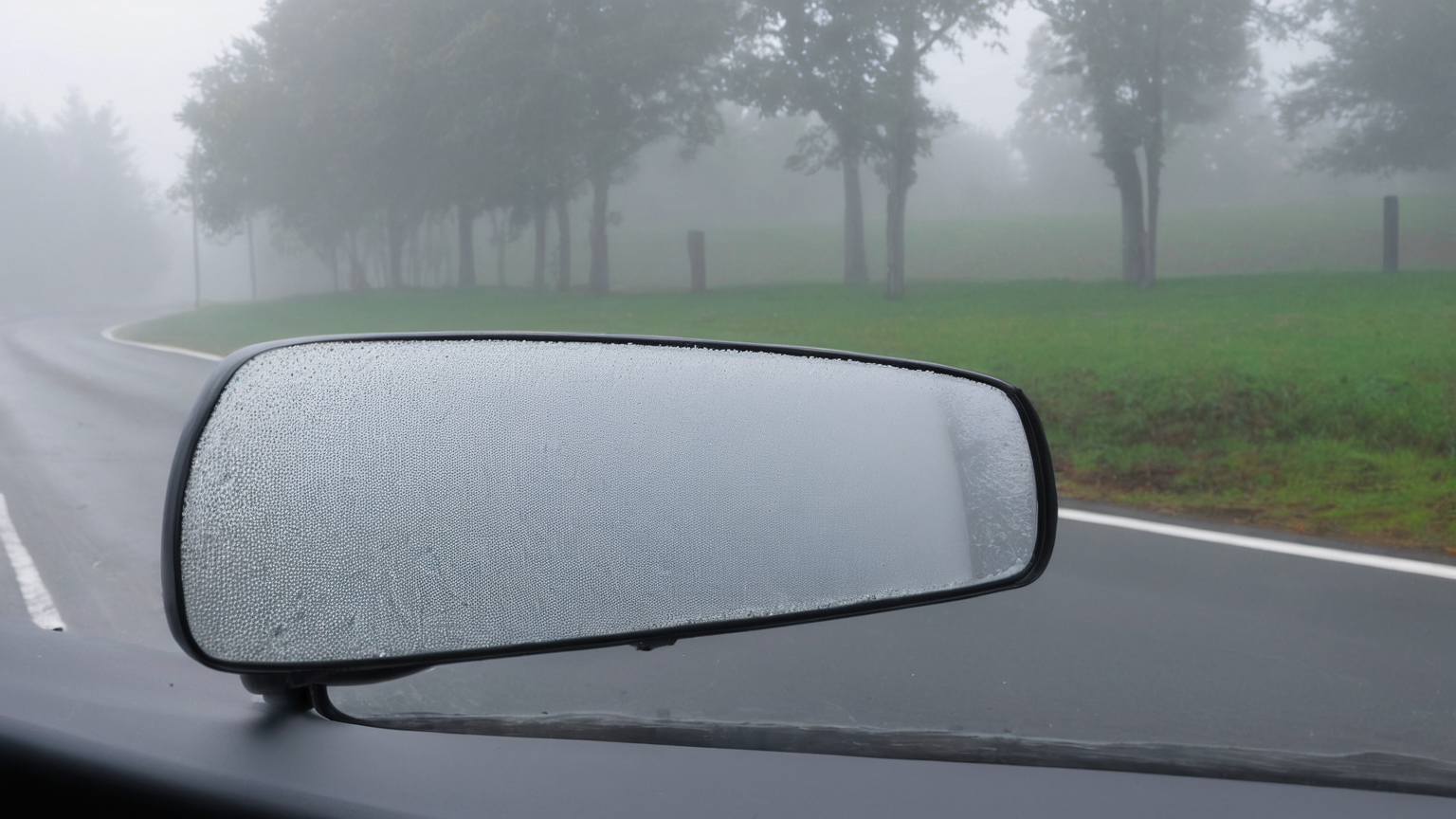 A mist-covered side mirror beside a clearly marked wet road edge