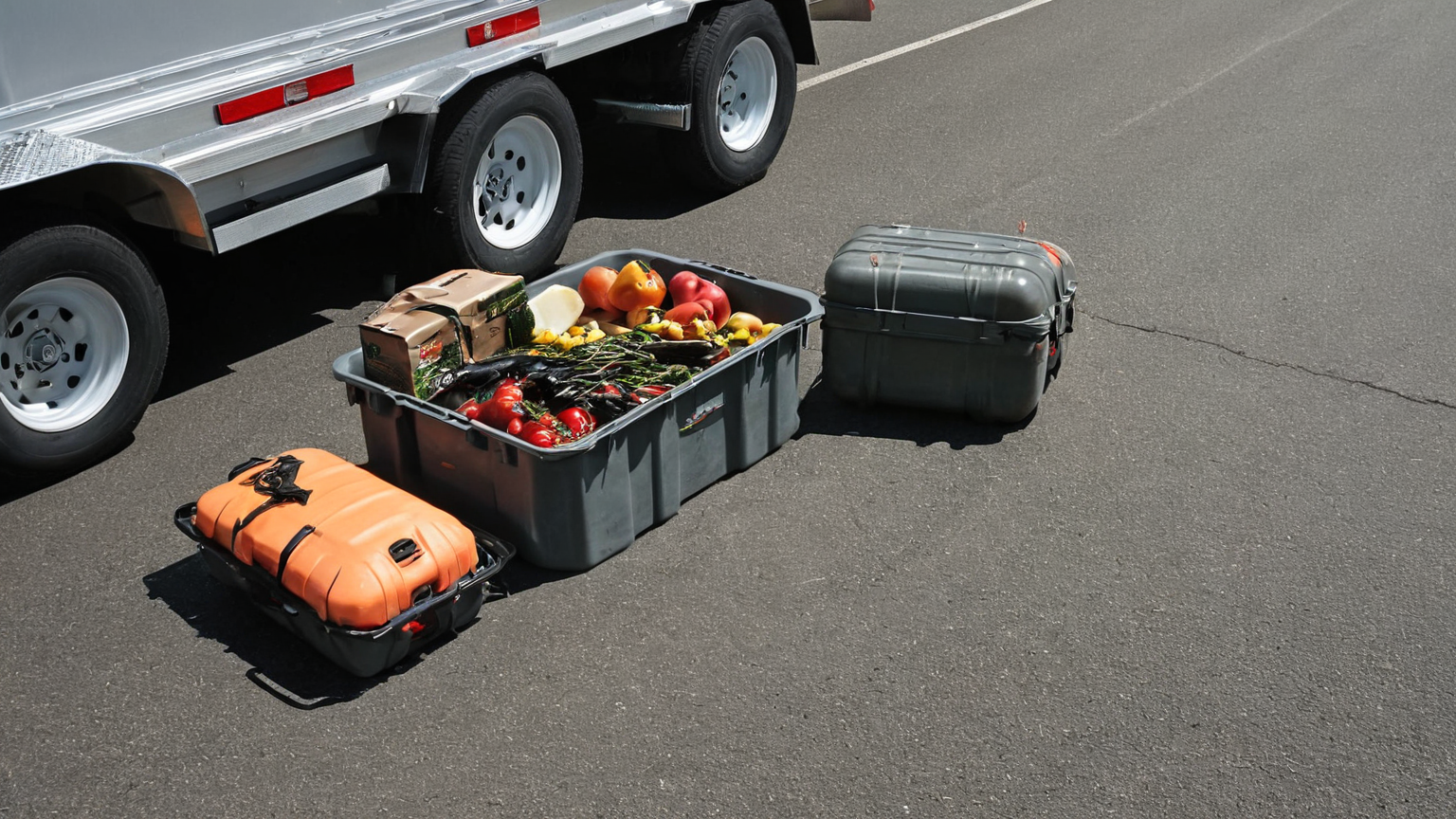 Camping items staged beside a trailer before loading and securement